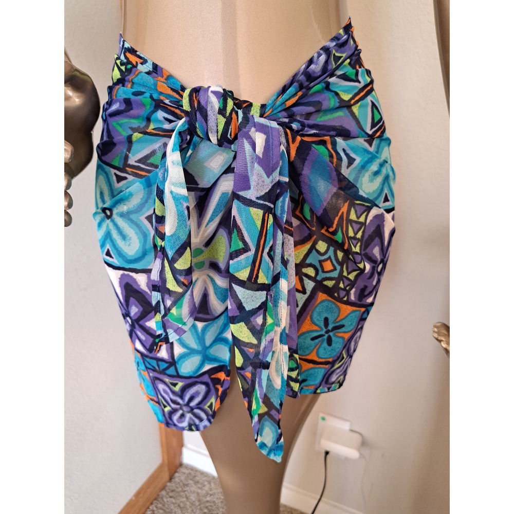 Vintage Jag Mesh Sarong Swim Cover Up Skirt Multi Color Geometric Print USA Made